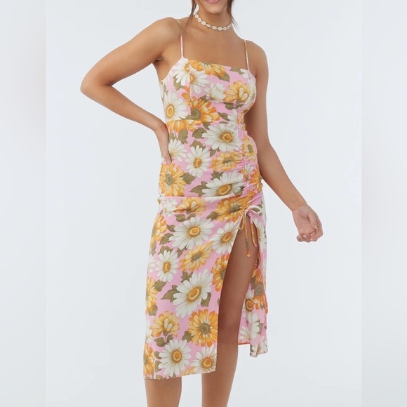 O’NEILL Midi pink with yellow and white flowers dress Hawaiian Beach Summer - Picture 1 of 11
